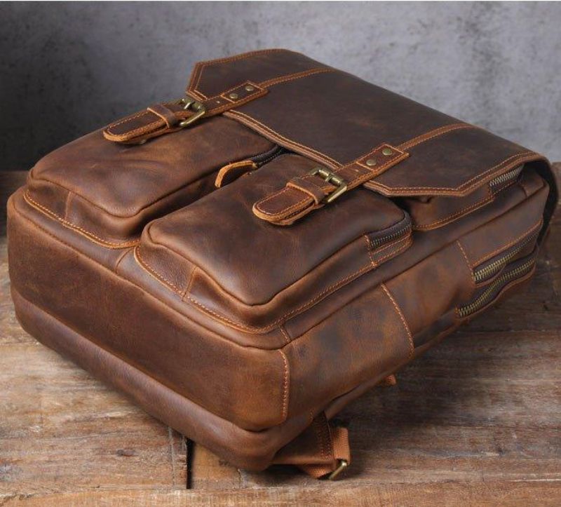 Brązowy Skórzany Plecak Vintage Na Laptopa 17 Cali